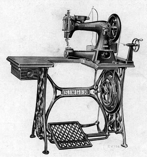 an old sewing machine is shown in black and white, as well as the foot pedal