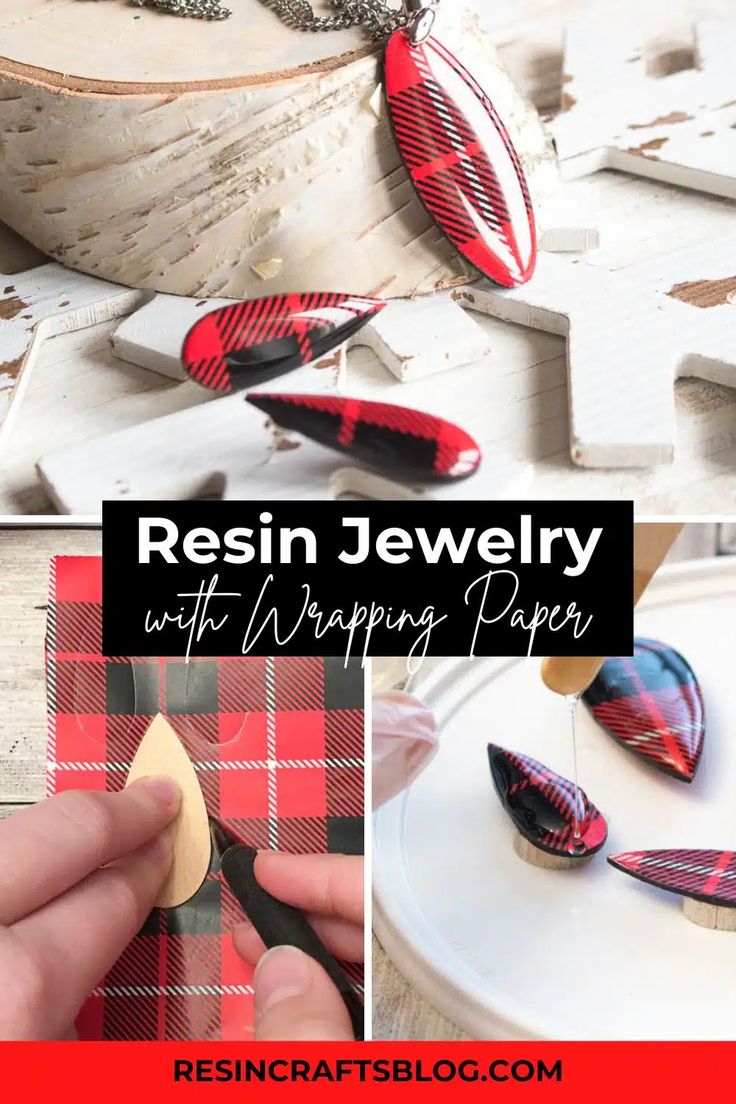 a collage of photos showing how to make resin jewelry with wrapping paper