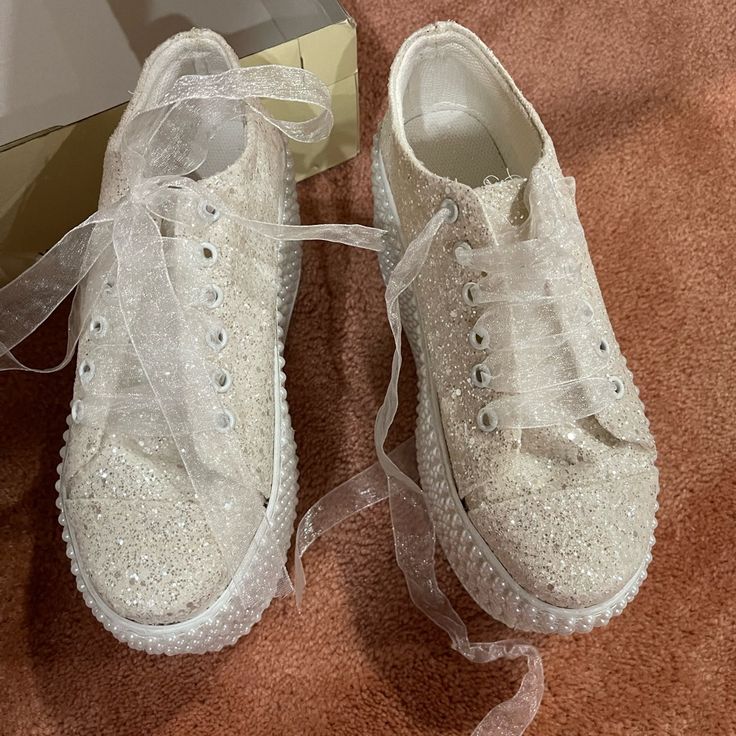 Beautiful White /Sparkling/ Bling / Glitter / Pearl Sneakers . Great For Wedding /Party Very Different And Unique They Come With A Box . This Is My Daughter In Law And Her Size Is 7 Smoke Pet Free Home Pearl Sneakers, Daughter In Law, Womens Shoes Wedges, My Daughter, A Box, Wedding Party, Sparkle, Glitter, Women Shoes