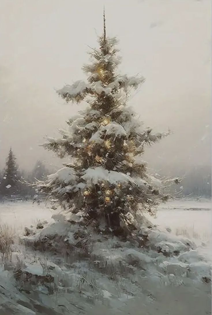 a painting of a snowy christmas tree with lights on it's branches and snow covered ground