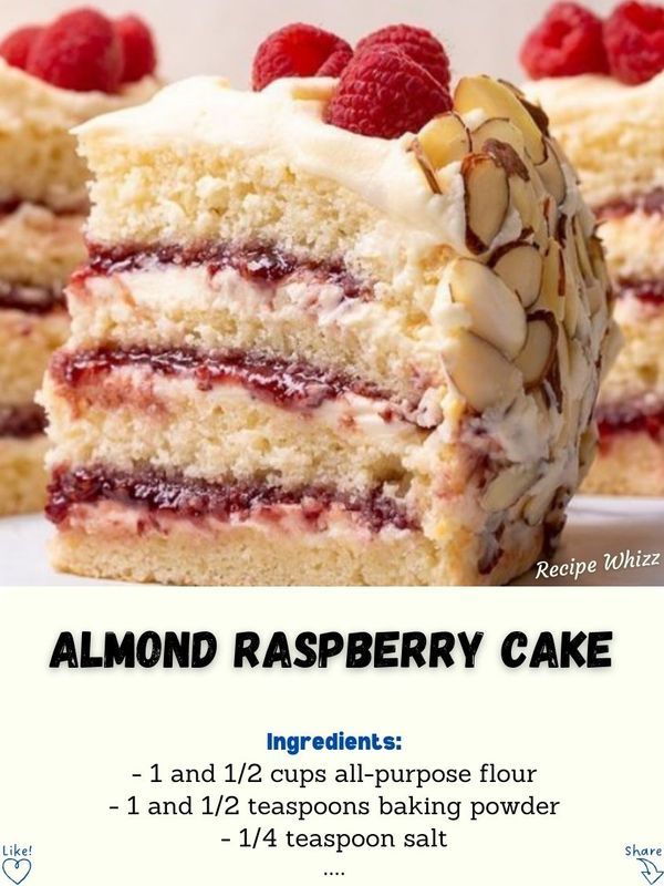 there is a piece of cake with raspberry toppings on it and the words almond raspberry cake