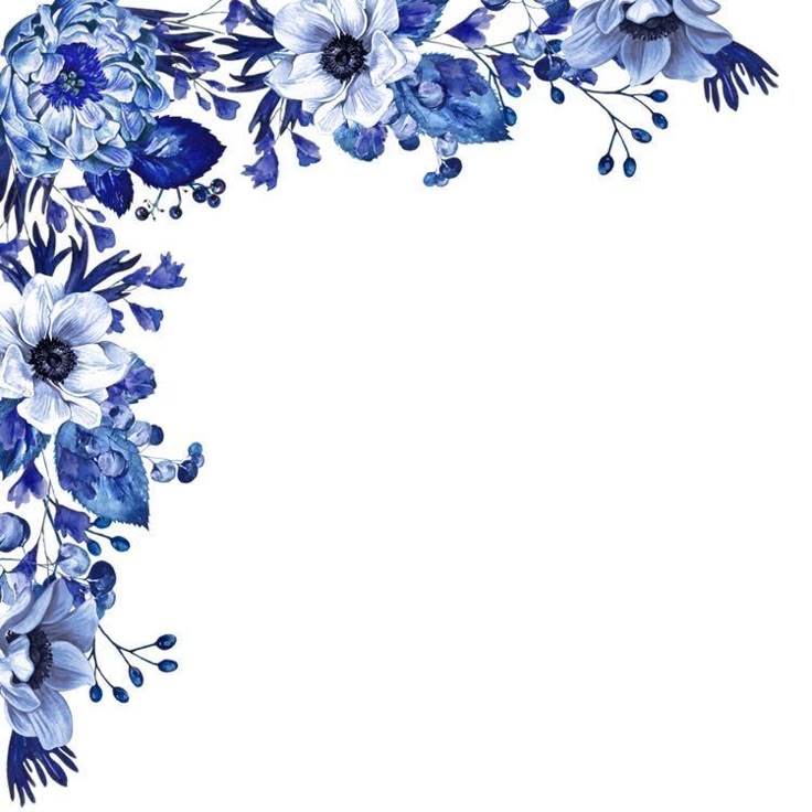 blue and white flowers are arranged in the shape of a frame on a white background