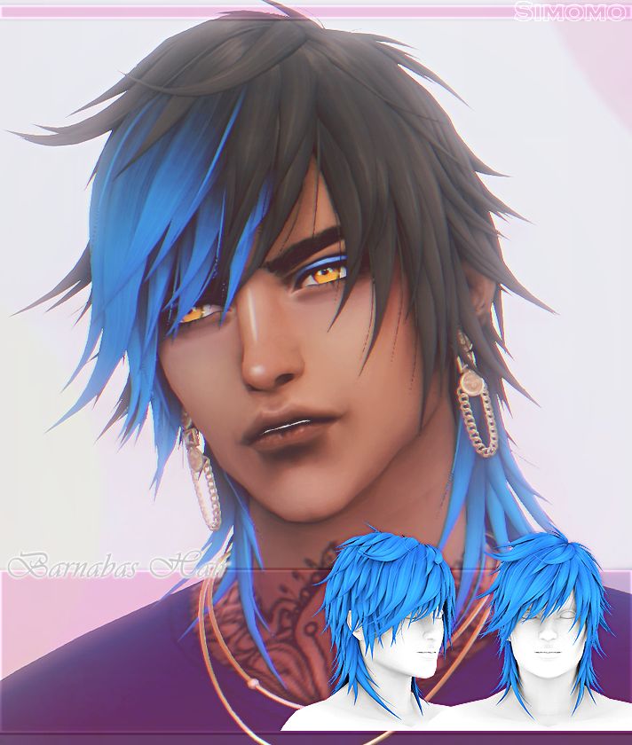 two male avatars with blue hair and piercings on their ears, one wearing gold earrings