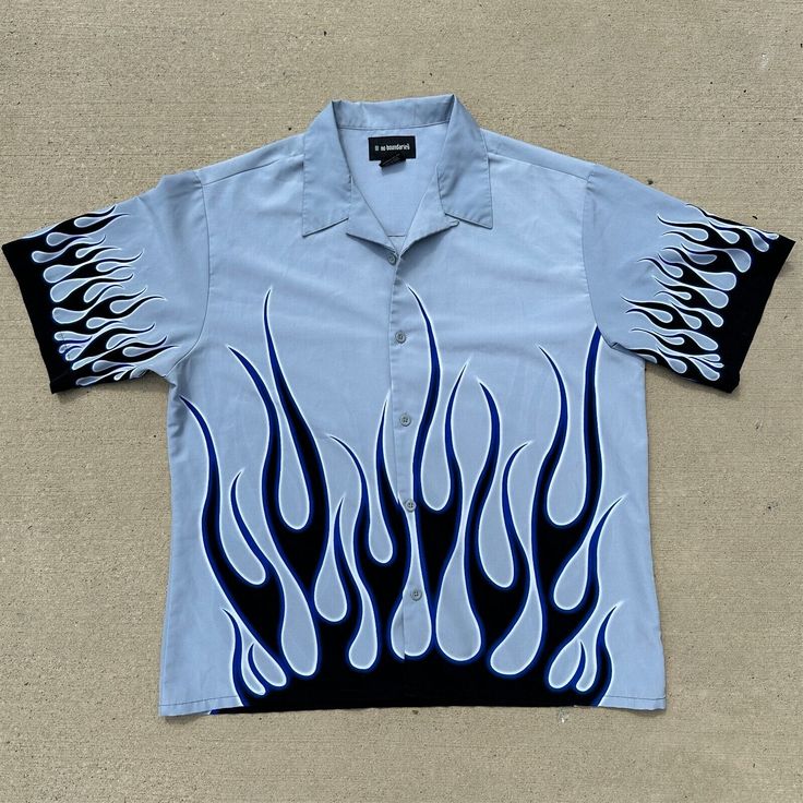 Vtg Y2K No Boundaries Button Up Shirt Men Large Blue Flame Punk Grunge Guy Fieri Grunge Guy, Button Up Shirt Men, Guy Fieri, Blue Flame, Punk Grunge, Blue Flames, No Boundaries, Brands Outlet, Silver Blue