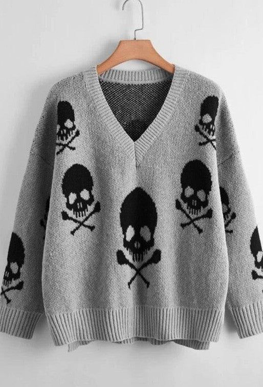 Skull V-neck Sweater Skull Sweater, Drop Shoulder Sweater, Skull Pattern, Plus Size Halloween, Khaki Fashion, Halloween Sweater, Drop Shoulder Sweaters, Women Wholesale, Plus Size Sweaters