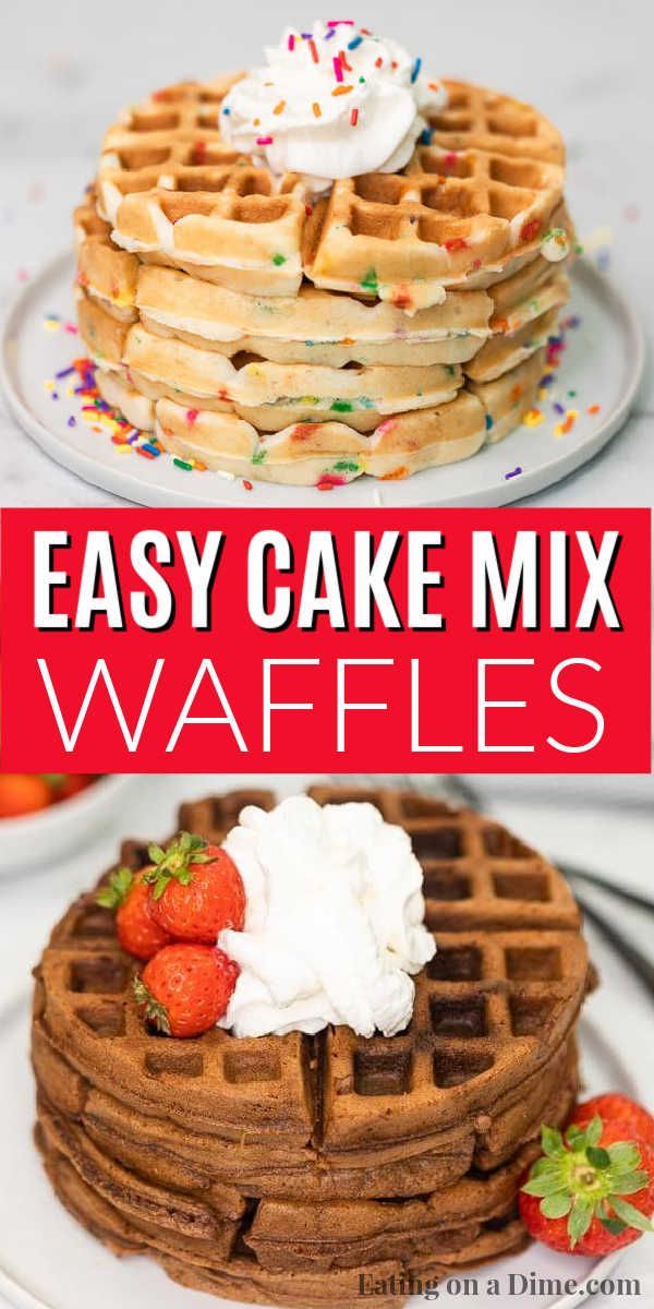 easy cake mix waffles with whipped cream and strawberries on the side for dessert