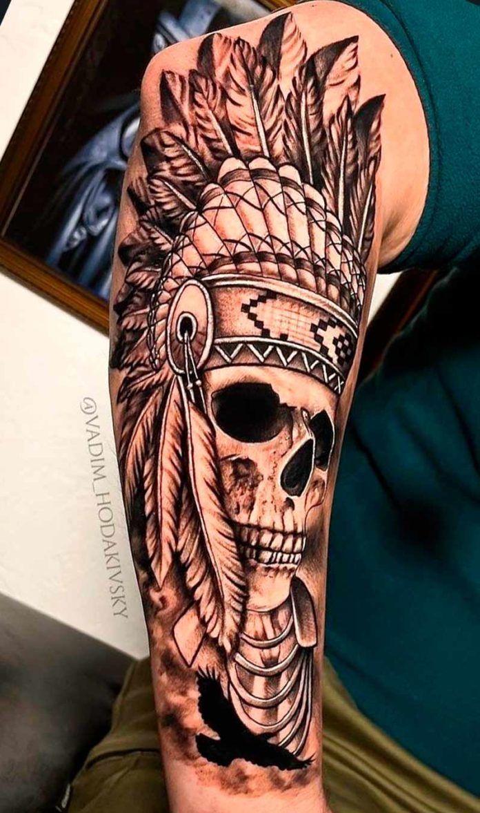 Indian Skull Tattoos, Indian Tattoo Design, Headdress Tattoo, Left Arm Tattoos, Aztec Tattoos, Native American Tattoos, Native Tattoos, Skull Sleeve Tattoos, Indian Skull