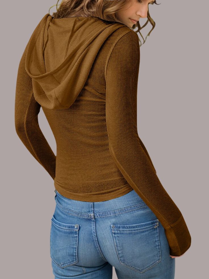 Stay cute and comfy with our GYPSY-Hooded Fitted Top. Perfect for casual outings, this top combines style and comfort seamlessly. Whether you're running errands or hanging out with friends, this top has got you covered. PRODUCT MEASUREMENTS (INCH) ⏹️ SIZE BUST WAIST HIPS SHOULDER LENGTH XS S 31.5 13.4 M 33.1 13.8 L 34.6 14.2 XL 1X 2X MATERIAL: 100% polyester Stretch: Slightly stretchy Care instructions: Machine wash cold. Tumble dry low Comfortable Stretch Hoodie For Fall, Brown Stretch Top With Ribbed Cuffs, Cozy Stretch Solid Hoodie, Casual Hooded Top With Ribbed Cuffs, Comfy Brown Tops For Loungewear, Comfortable Fall Top With Drawstring Hood, Trendy Tops With Drawstring Hood And Cozy Fit, Comfortable Fall Tops With Drawstring Hood, Comfortable Hooded Top