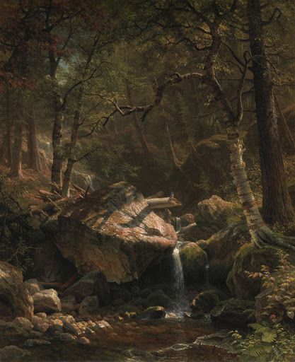 a painting of rocks and trees in a wooded area with water running through the middle