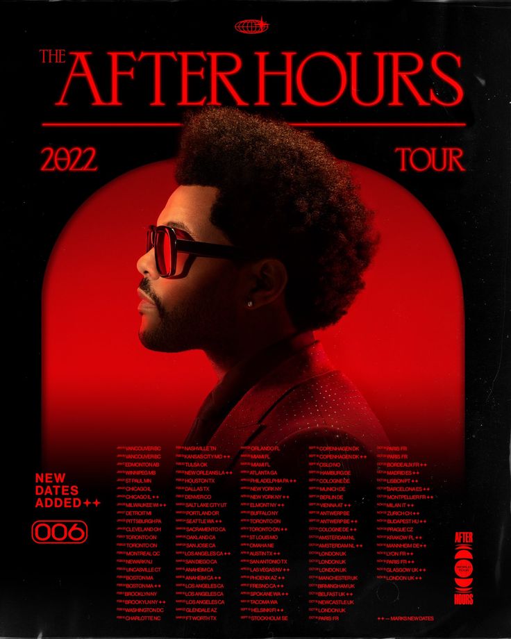 the after hours tour poster with an afro man wearing sunglasses