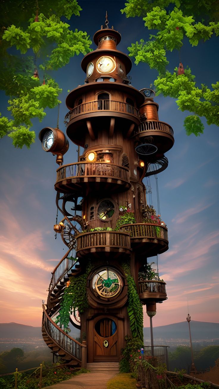 a tall tower with lots of clocks on it's sides and plants growing out of the top