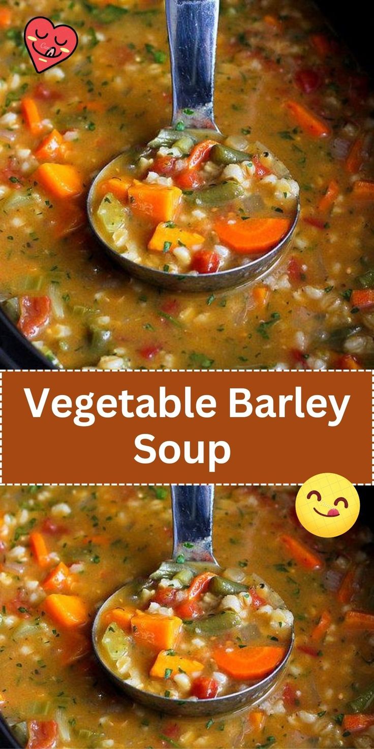 two spoons full of vegetable barley soup with the words, vegetable barley soup on it