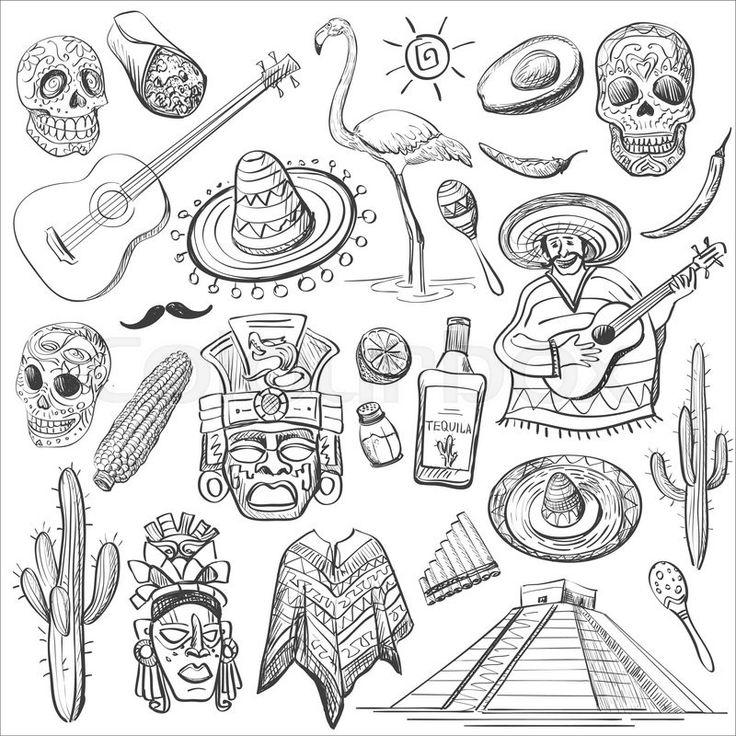 hand drawn mexican symbols and items for the day of the dead in black and white