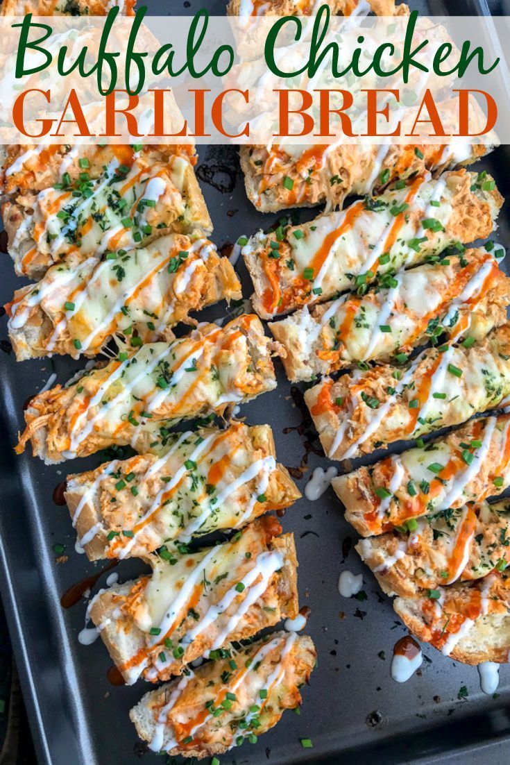 buffalo chicken garlic bread on a baking sheet