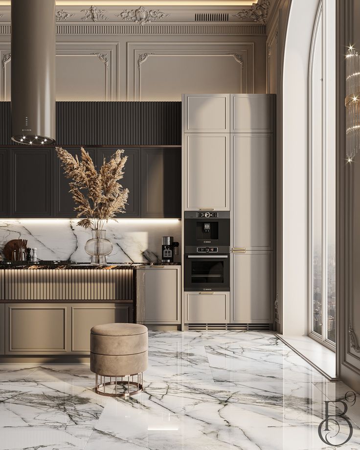 an elegant kitchen with marble floors and walls