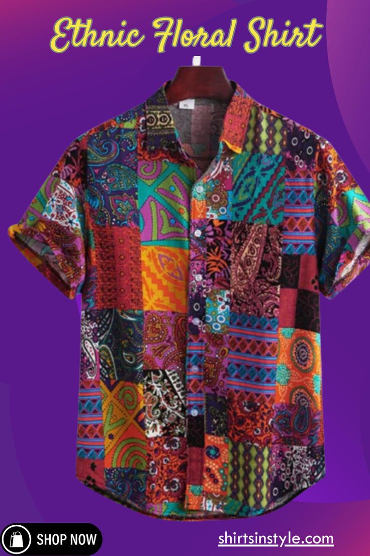 Ethnic Floral Shirt Casual Colorful Beach Shirt, Relaxed Fit Multicolor Patterned Shirt, Casual Colorful Patterned Shirt, Casual Patchwork Patterned Shirt, Cotton Short Sleeve Shirt With Vibrant Print, Short Sleeve Cotton Shirt With Vibrant Print, Casual Multicolor Shirt With Vibrant Print, Vibrant Print Short Sleeve Cotton Shirt, Summer Block Print Short Sleeve Top