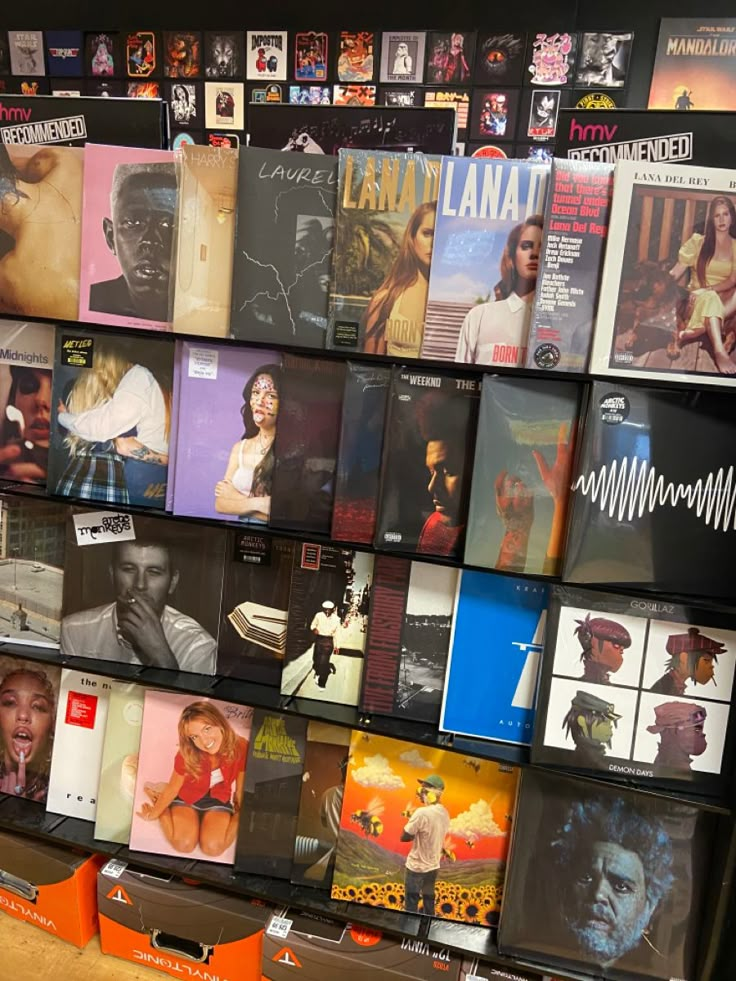 there are many records on display in the store