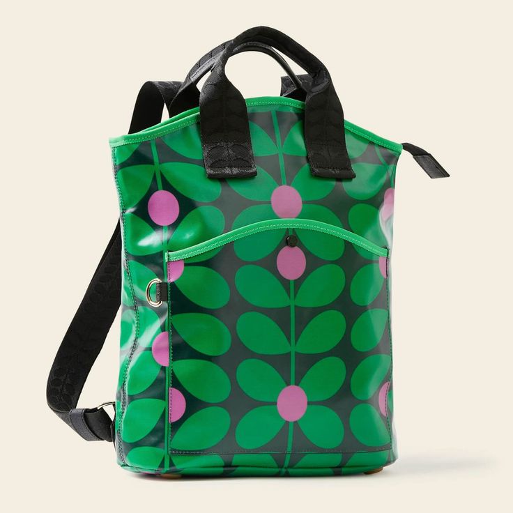 Green women's rucksack for travel, office, or school. This patterned backpack is made from coated cotton and is waterproof. Shop all unique bags by print designer Orla Kiely. Versatile Green Shoulder Backpack, Green Commuting Backpack With Adjustable Strap, Green Backpack With Top Carry Handle, Modern Green Backpack With Zipper Closure, Functional Green Backpack With Removable Pouch, Versatile Green Backpack For Everyday Use, Versatile Green Backpack For Daily Use, Green Laptop Bag For Commuting, Trendy Backpack For Commuting