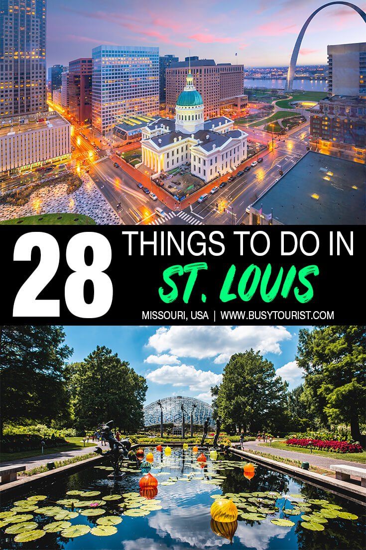 the st louis skyline with text overlay that reads 28 things to do in st louis