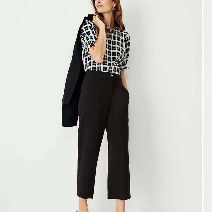 Formerly Known As The Wide Leg Crop Pant, This Flattering Pant Features An Easy Fit Through The Thigh And A Fresh Kicky Silhouette. Front Zip With Button Closure. Vertical On-Seam Pockets. Back Besom Pockets. Shop All Kate Pants Fit Regular Fit: Lean Through The Hip And Thigh Rise High Rise: Sits Just Below Natural Waist, 11 7/8" Front Rise Length Hits Above The Ankle: 25 1/2" Inseam With 22" Leg Opening Leg Shape Leg Shape: Wide Leg A Modern Must-Have With A Statement Leg And Flattering High Wa Casual Black Office Pantsuit, Casual Black Pantsuit For Office, Casual Black Pantsuit For Work, Chic Black Pantsuit For Business Casual, Chic Short Sleeve Workwear Pantsuit, Black Office Pants For Spring, Black Pants For Office Wear In Spring, Black Office Wear Pants For Spring, Black Pantsuit For Spring Workwear