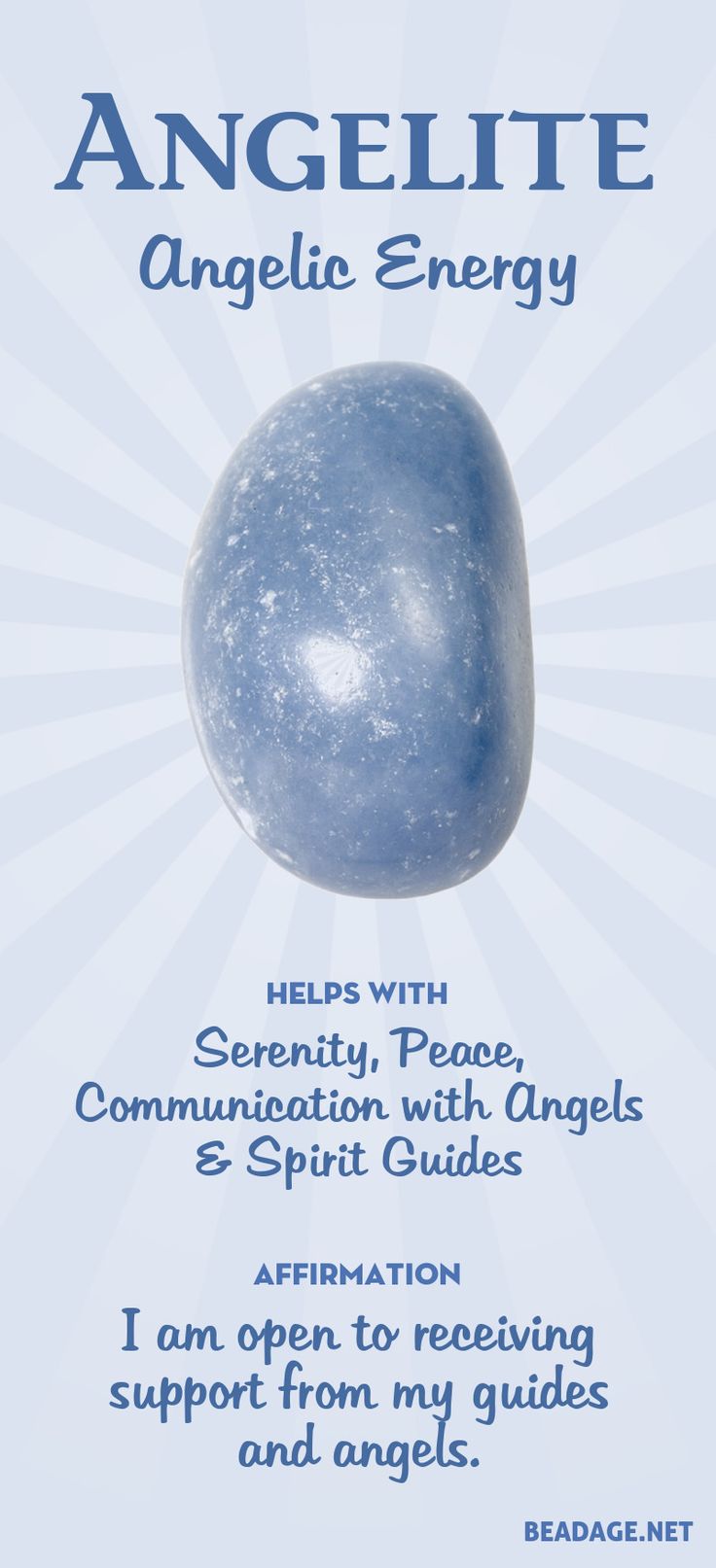 Angelite helps with communication with your angels and Spirit guides. It radiates serenity, helping you to shift into a peaceful state of mind. Learn more about Angelite meaning + healing properties, benefits & more. Visit to find gemstone meanings & info about crystal healing, stone powers, and chakra stones. Get some positive energy & vibes! #gemstones #crystals #crystalhealing #beadage Angelite Meaning, Energy Vibes, Crystal Healing Chart, Crystals Healing Properties, Spiritual Crystals, Gemstone Meanings, Crystal Therapy, The Emotions, Crystal Healing Stones