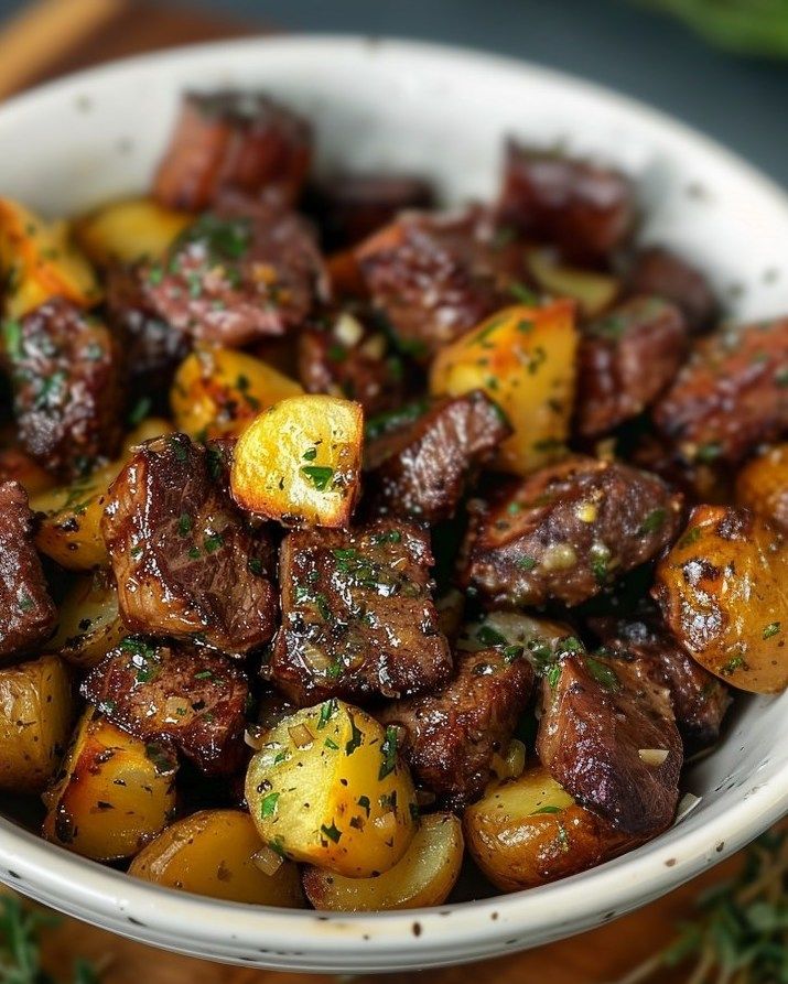 a white bowl filled with cooked potatoes on top of a wooden table next to some herbs