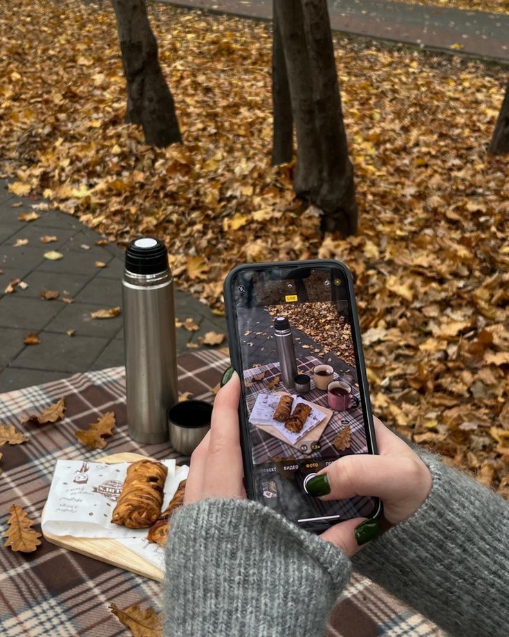 a person taking a photo with their cell phone in the park on a fall day