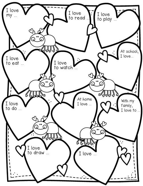 valentine's day worksheet for kids with hearts and animals in the center