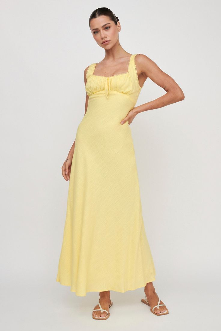 Carlee Gathered Bust Maxi Dress Yellow by Selfie Leslie Fitted Summer Maxi Dress With Lace Trim, Beach Maxi Dress With Tie Back And Square Neck, Empire Waist Maxi Dress For Brunch, Casual Maxi Dress With Lace Trim, Summer Midi Maxi Dress With Lace Trim, Spring Empire Waist Maxi Dress With Lace Trim, Summer Lace Trim Maxi Dress For Garden Party, Spring Maxi Dress With Lace Trim And Empire Waist, Summer Maxi Dress With Lace Trim For Garden Party