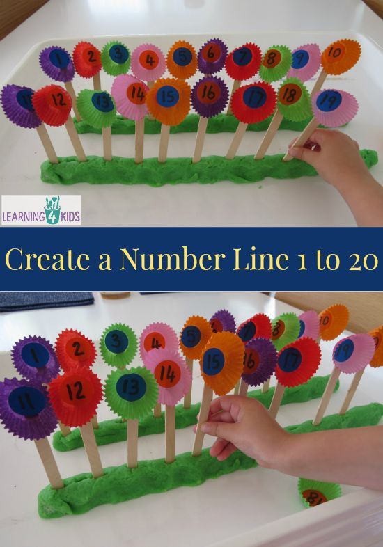 two pictures of paper flowers with the words create a number line to 20 on them