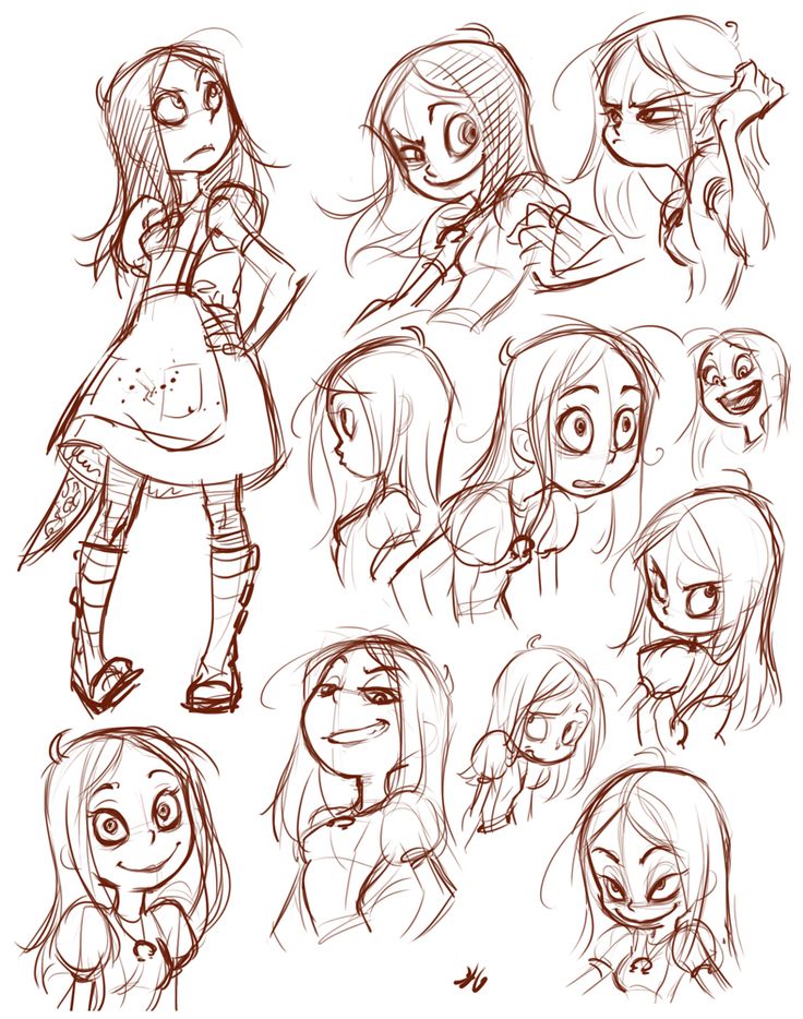 some sketches of girls with different expressions and hair styles, from the beginning to the end of