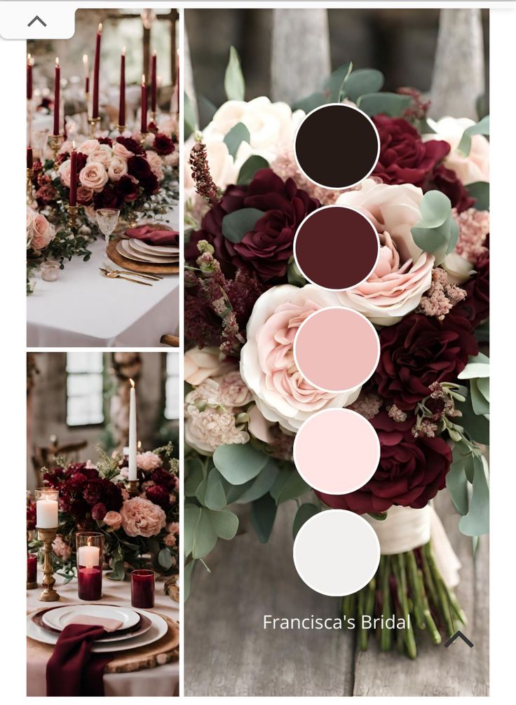 the color scheme for this wedding is burgundy and pink, while the centerpieces are white