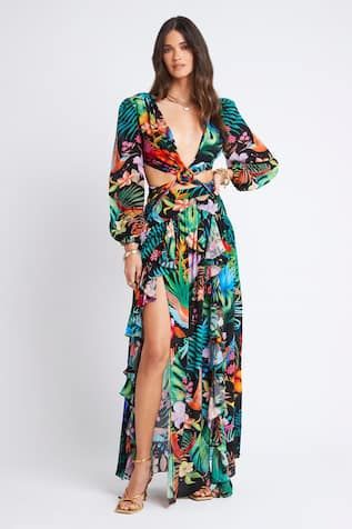 Multicolored maxi dress with tropical floral print, cutout details in the front and an open back. - Aza Fashions Tropical Maxi Dress For Summer Parties, Tropical Floral Print Dress For Summer Parties, Tropical Print Dresses For Summer Parties, Tropical Printed Maxi Dress, Multicolor Maxi Dress With Tropical Print, Tropical Maxi Length Dress With Floral Print, Tropical Style Maxi Dress For Summer Parties, Multicolor Tropical Print Maxi Dress, Floral Print Beachwear Maxi Dress For Summer Parties