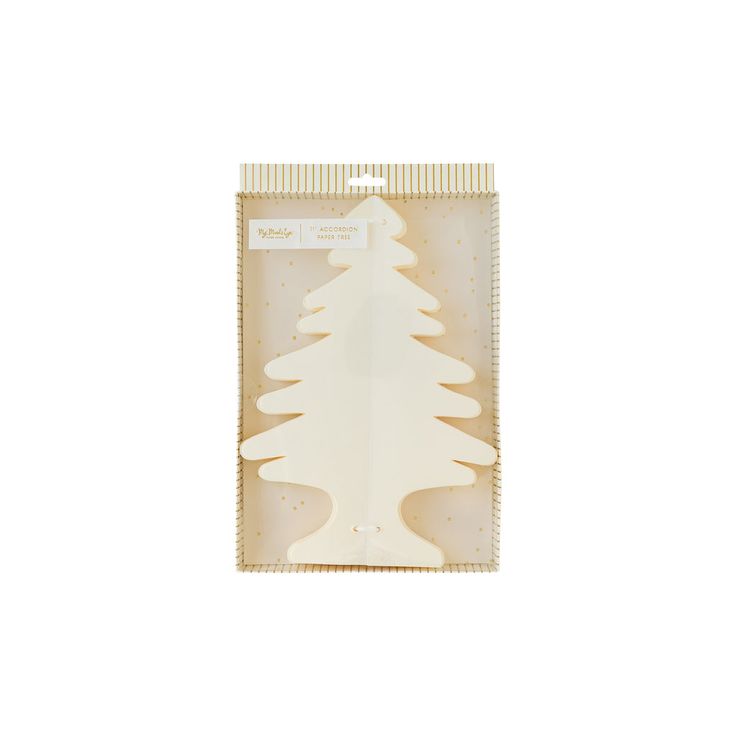 a packaged package with a white christmas tree cutout on it's front side