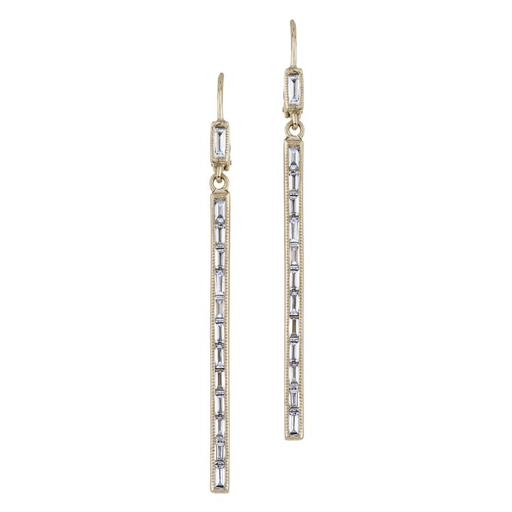 Inspired by modern silhouettes, bar earrings composed of a line of white baguette diamonds in yellow gold. 18K Yellow Gold Total diamond weight: 1.24 ct. Baguette Diamond Earrings, Linear Earrings, Stacked Diamond Bands, Gold Bar Earrings, Baguette Diamonds, Diamond Bar, Baguette Cut Diamond, Yellow Gold Earring, Bar Earrings