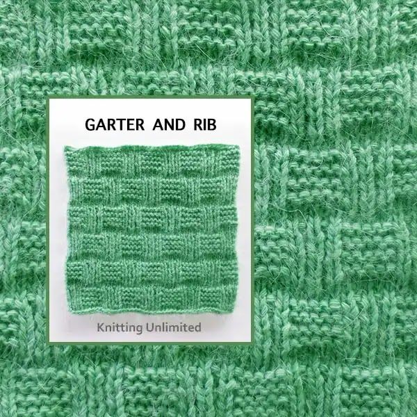 the knitting pattern for garter and rib is shown in shades of green, with text that