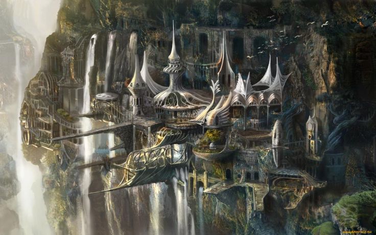 an artistic rendering of a futuristic city surrounded by mountains and waterfalls, with waterfalls in the foreground