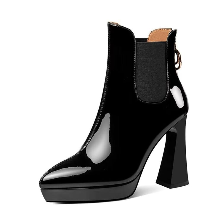 Step into sophistication with these elegant high heel boots. Featuring a pointed toe and a 10cm thick heel, these boots are perfect for adding a touch of glamour to any outfit. Made with genuine leather lining and a rubber outsole, these boots are not only stylish but also comfortable and durable. Elevate your style with these stunning boots today! Elegant Block Heel Chelsea Boots For Winter, Elegant Winter Chelsea Boots With Block Heel, Modern Platform Boots With Block Heel For Party, Modern Block Heel Platform Boots For Party, Fall Party Patent Leather Platform Boots, Fall High Heel Patent Leather Platform Boots, Black Pointed Toe Chelsea Boots For Party, Chic Pointed Toe Chelsea Boots For Winter, Chic Square Toe Patent Leather Platform Boots