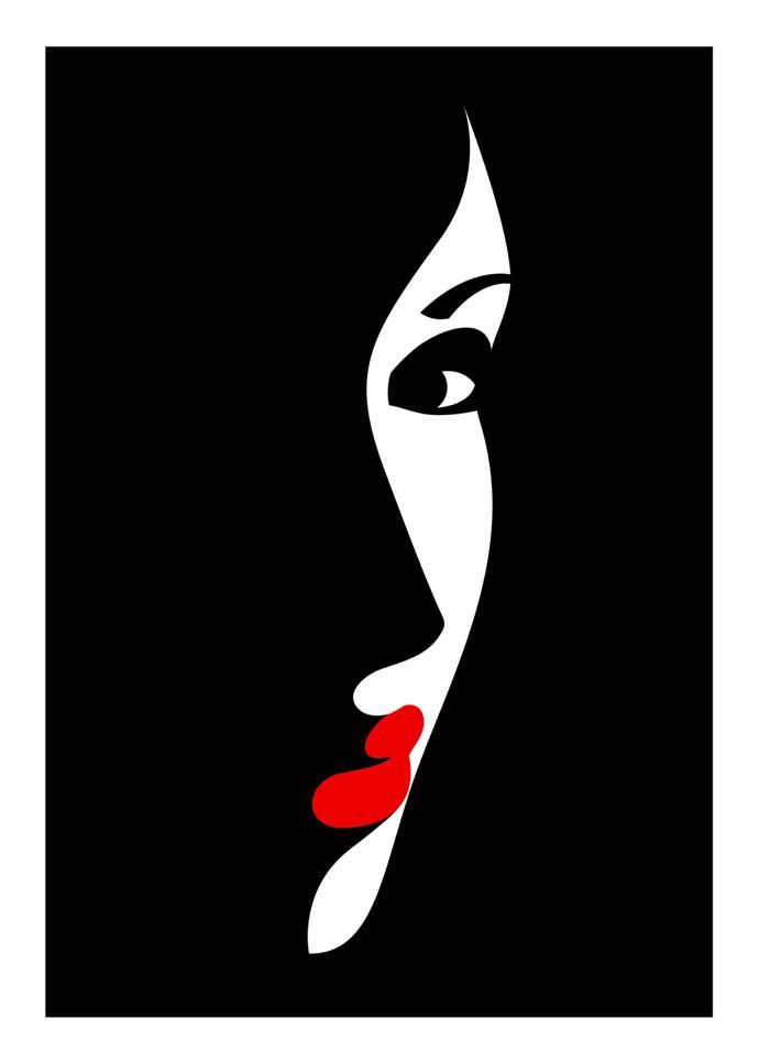 a woman's face in black and white with red lips