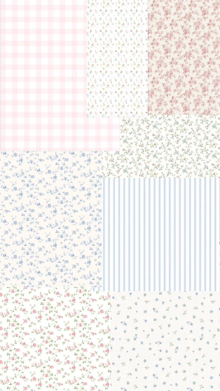 four different patterns in pink, blue and white with small flowers on the bottom right corner