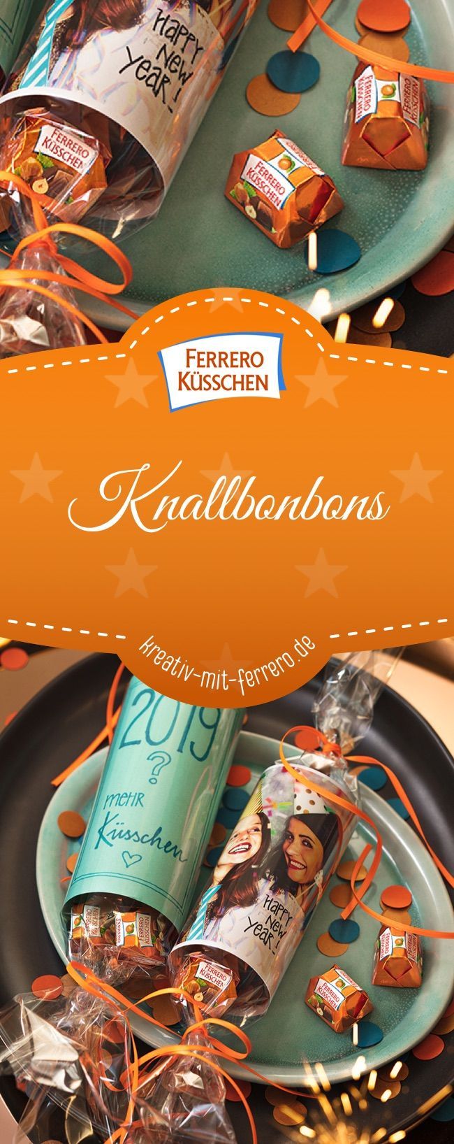 an advertisement for some kind of candy on a plate with orange ribbons and sprinkles