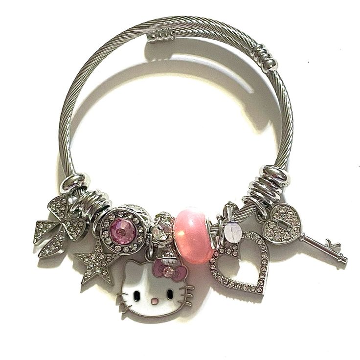 Gorgeous Hello Kitty Themed Charm Bracelet, Featuring European Style Beads Stainless Steel Bracelet Brand New, Unbranded 7.1 Inches Long Cute Silver Charm Bracelet Bangle, Cute Silver Bangle Charm Bracelet, Cute Silver Bracelets With Lobster Clasp, Cute Silver Stainless Steel Jewelry, Cute Silver Bracelet Jewelry, Cute Silver Hypoallergenic Bracelets, Cute Hypoallergenic Silver Bracelets, Cute Handmade Silver Charm Bracelet, Cute Silver Bracelets With Charms