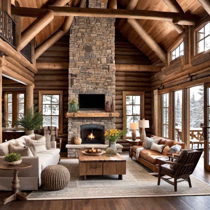 a living room filled with lots of furniture and a fire place in the middle of it