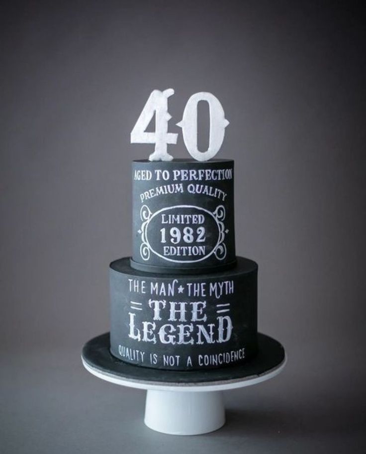 a black and white birthday cake with the number forty on it's top tier