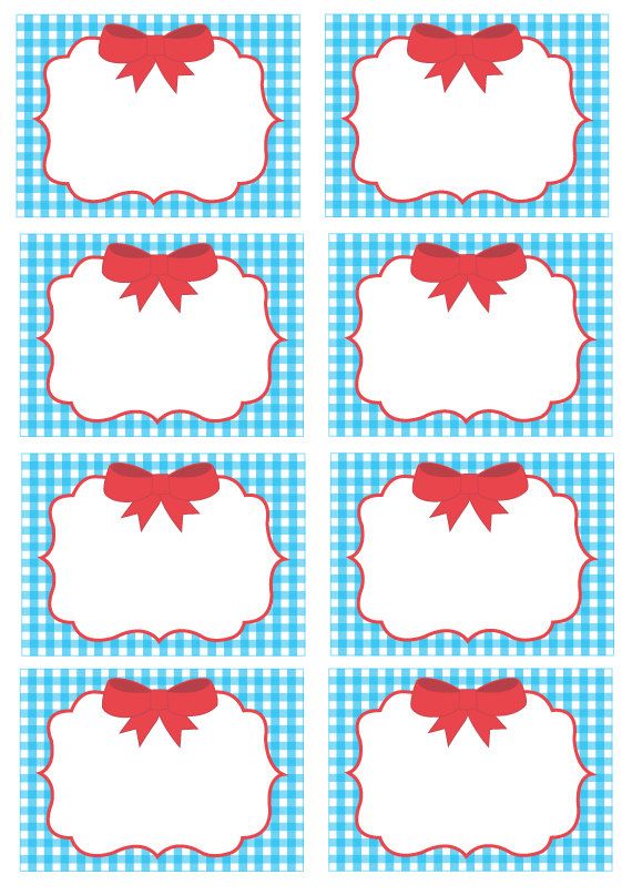 four red bows on blue gingham place cards