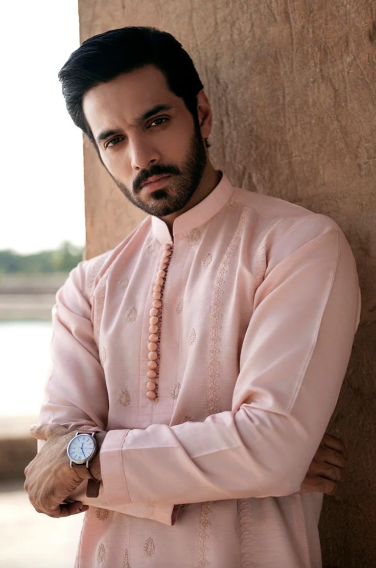 Regal Rose – Rumor Pink Bandhgala With Dabka Work, Diwali Pink Kurta With Intricate Embroidery, Pink Bandhgala With Dabka Work For Eid, Pink Long Sleeve Sherwani With Dabka Work, Transitional Pink Kurta With Chikankari Embroidery, Pink Kurta With Chikankari Embroidery For Transitional Season, Traditional Long Sleeve Pink Bandhgala, Traditional Pink Long Sleeve Bandhgala, Pink Bandhgala With Chikankari Embroidery