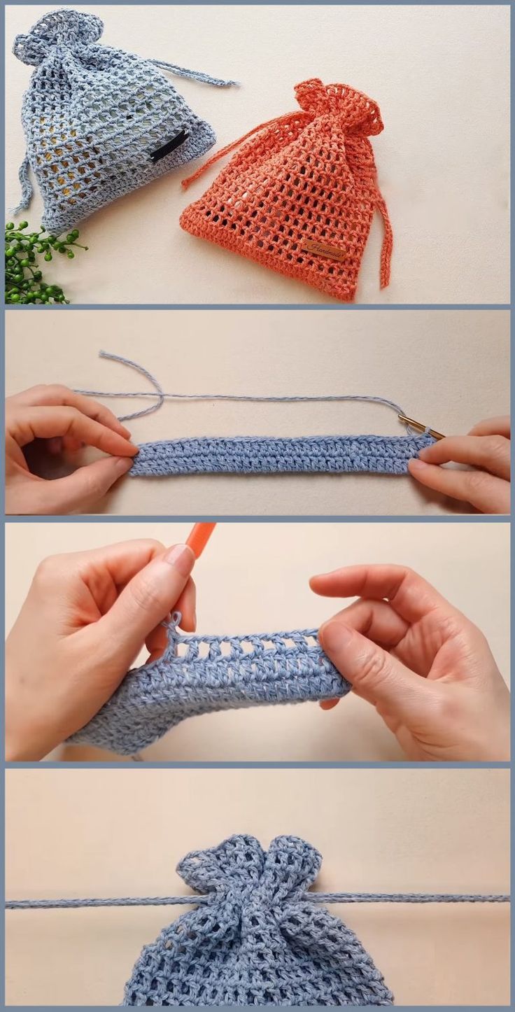 crocheted draws are being used to make a pouch for something else that looks like an ornament