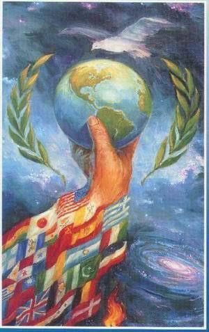 an image of a person holding the earth in their hands with flags on it and two doves flying above them