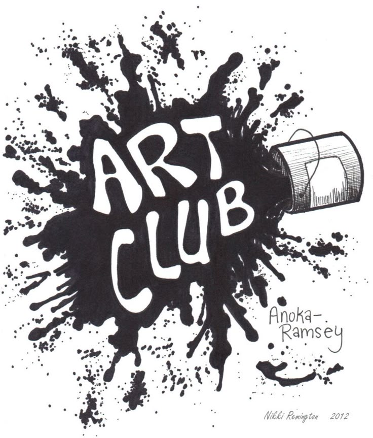 an art club logo with black ink splatters on white paper and the words art club