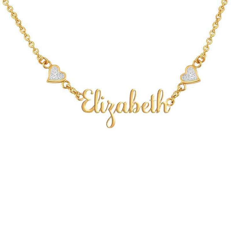 A diamond necklace personalized with your name! Plated in 18kt gold, this necklace is personalized with your name in an elegant, glimmering script font. This necklace sparkles with two glittering diamonds set in delicate hearts, the perfect touch for this fine jewelry creation.Comes complete on a matching 18" chain and a 2" extender for stylish versatility. Beautifully presented, your necklace will arrive in our signature keepsake pouch. Elegant Nameplate Necklace With Diamond Accents, Diamond Accent Nameplate Necklace, Diamond Nameplate Necklace With Diamond Accents, Personalized Cubic Zirconia Nameplate Necklace, Personalized Diamond Name Necklace For Anniversary, Personalized Diamond Name Necklace, Personalized Diamond Name Necklace For Mother's Day, Personalized Diamond Nameplate Necklace, Personalized Yellow Gold Name Necklace With Cubic Zirconia